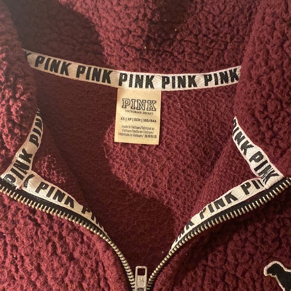 PINK Victoria Secret Furry Sherpa Fleece Pullover 1/4 Zip Sweatshirt in Maroon - Picture 2 of 3
